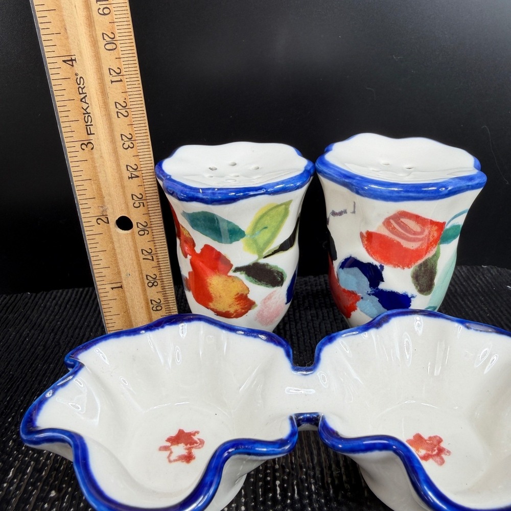 Anthropologie Luna Floral Ceramic Salt and Pepper Shaker Set with Tray New w Tag - Picture 2 of 11